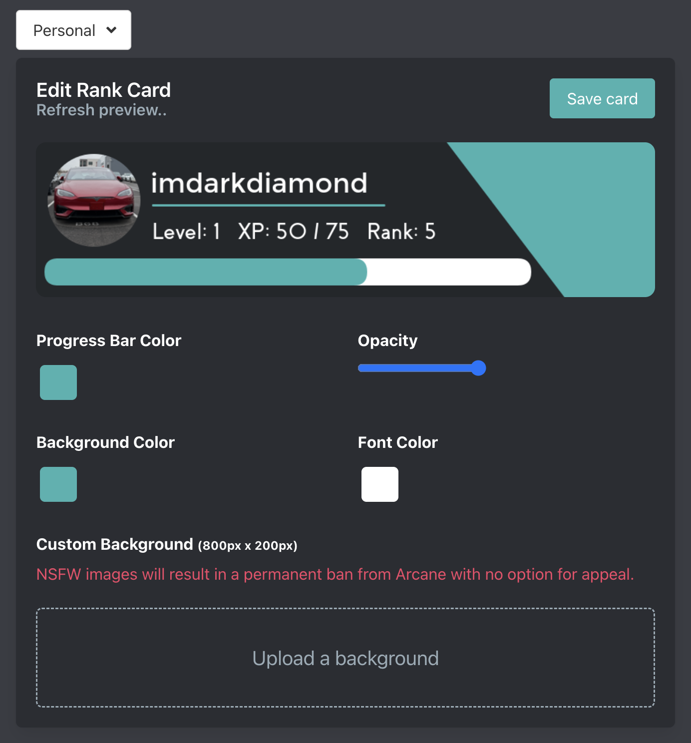 Card settings